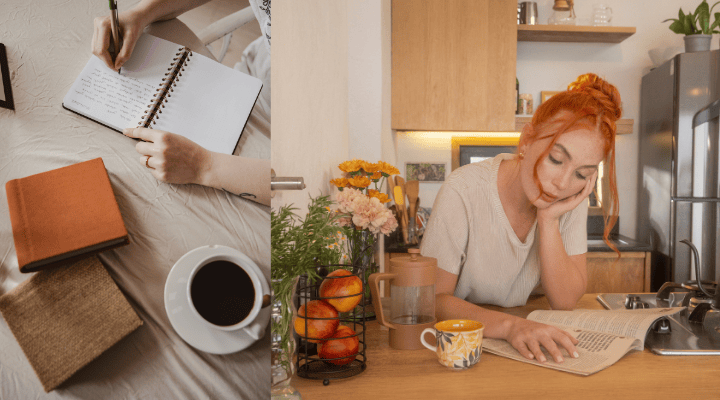 Mulher escrevendo sua rotina e organizando e lendo um livro