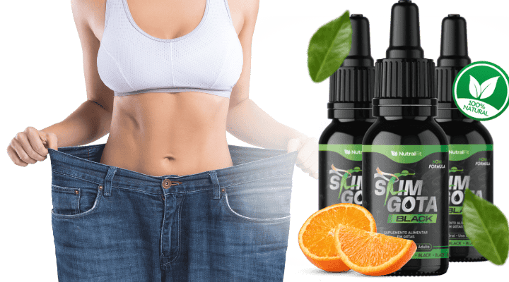 Mulher exibindo calça larga após emagrecimento, ao lado do suplemento natural SlimGota Black com laranjas e folhas verdes.