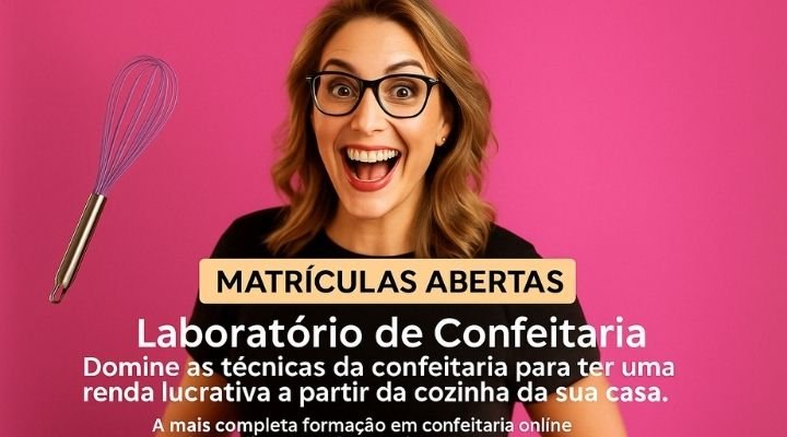 Imagem promocional de mulher sorridente com fundo rosa segurando um batedor de confeitaria, com os dizeres “Matrículas Abertas - Laboratório de Confeitaria”, promovendo curso completo para trabalhar em casa.