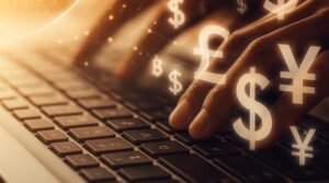 Mãos digitando em notebook com ícones de moedas e símbolos financeiros flutuando, representando ganhos online.