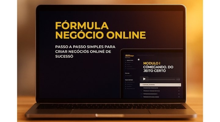Notebook exibindo o curso Fórmula Negócio Online.