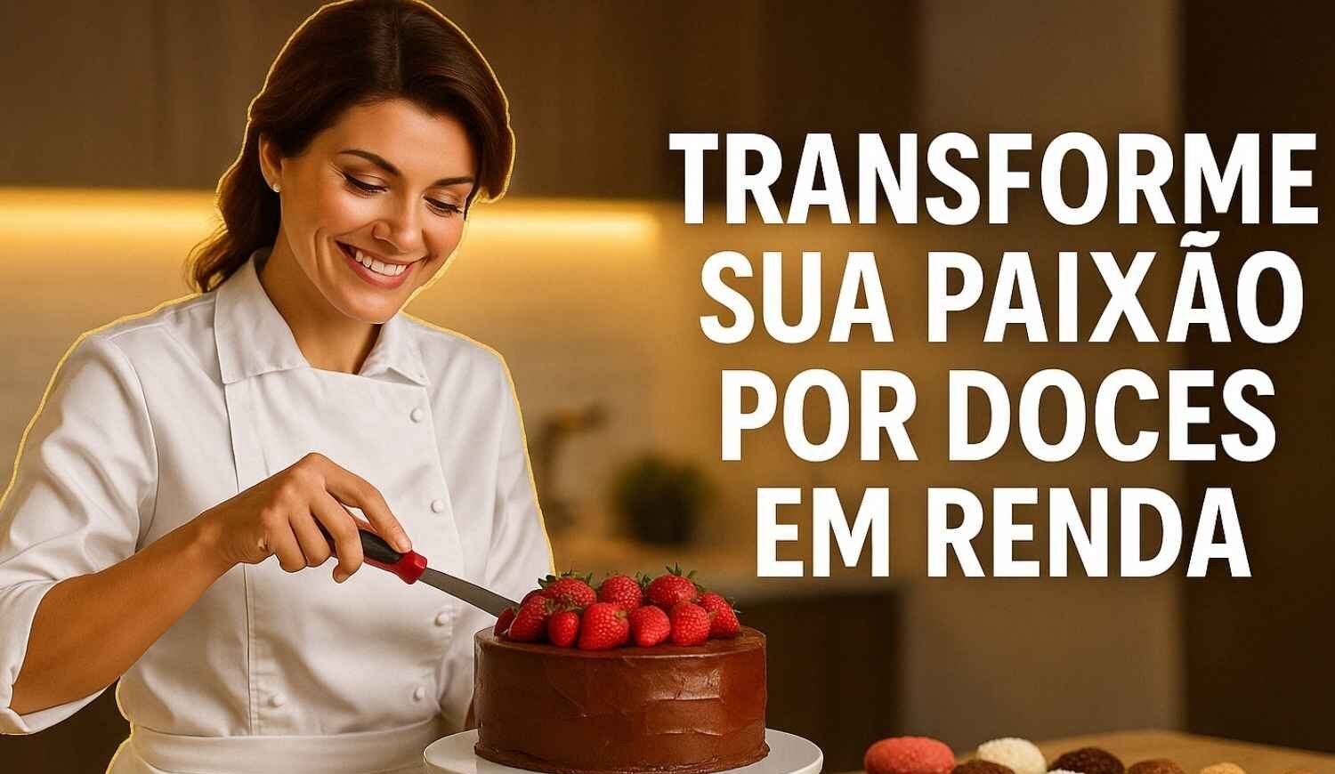 Imagem de uma confeiteria fazendo bolo de chocolate com morango e doces sobre a mesa.