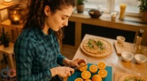 Mulher de cabelos cacheados cortando laranjas frescas em uma cozinha organizada, representando hábitos saudáveis.