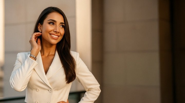 Mulher elegante sorrindo com confiança, vestindo blazer branco em ambiente urbano
